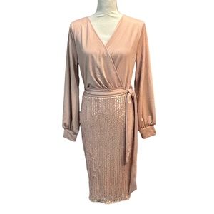 NWT Grace Karin Cream Pink Dress/ Sequined Bottom/ Fashion Tie At Waist/ Medium